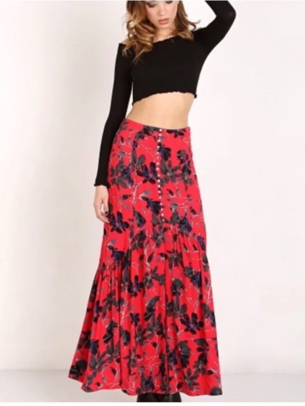 Free People Smooth Sailing Red Floral Maxi Skirt